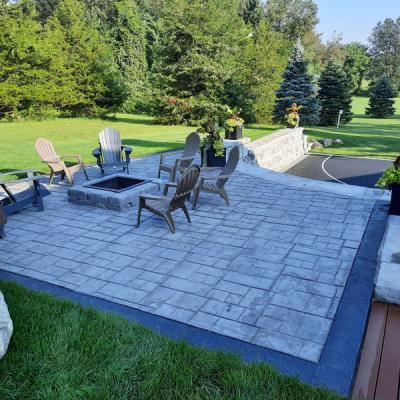 Stamped concrete patio with firepit